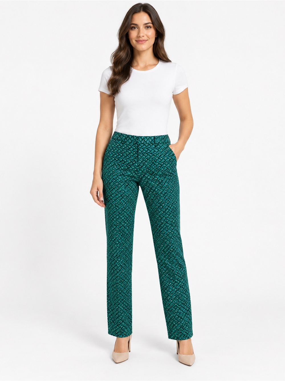 Lands' End Teal Geometric Straight-Leg Pants size 6